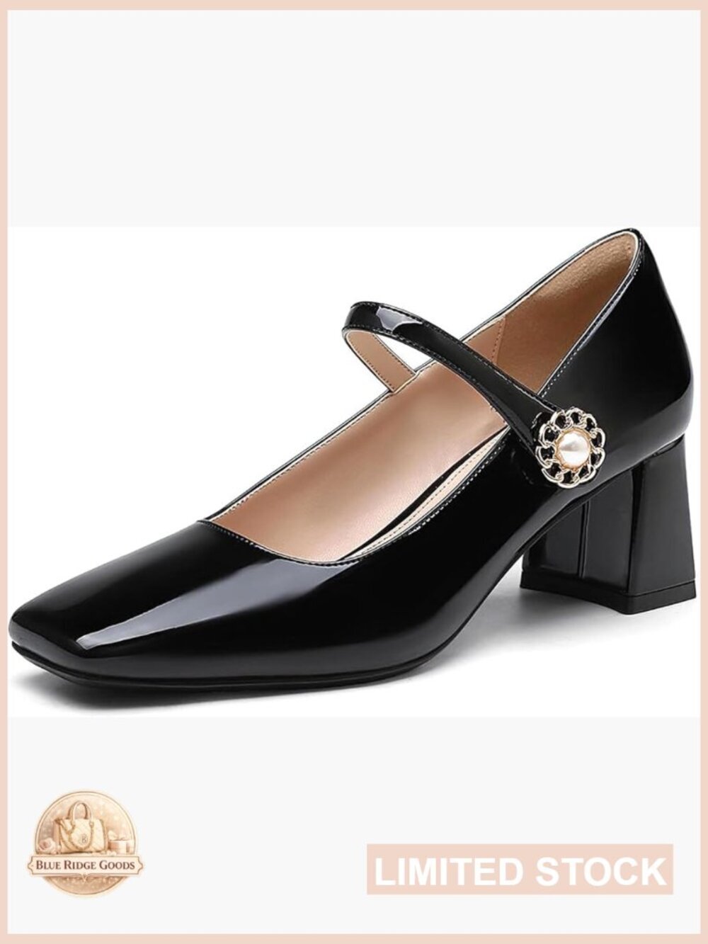 Patent Leather Mary Janes - Chunky Heel Pumps with Buckle Strap, Retro Square